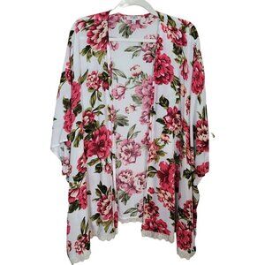 Umgee Floral Open Front Kimono Cardigan Crocheted Trim Feminine Cover Up Boxy